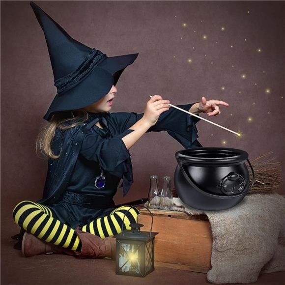 Halloween Large Cauldron, 7.4" Black Plastic Witch Pot with Handle, Vintage - Picture 6 of 7